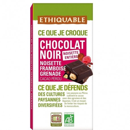 CHOCOLATE  NEGRO CON AVELLANAS Y FRAMBUESA 100G ECO COMERCIO JUSTO