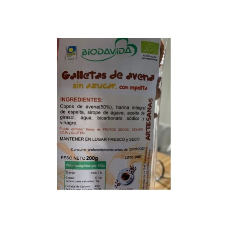 GALLETAS AVENA SIN AZUCAR 200G ECO BIODAVIDA